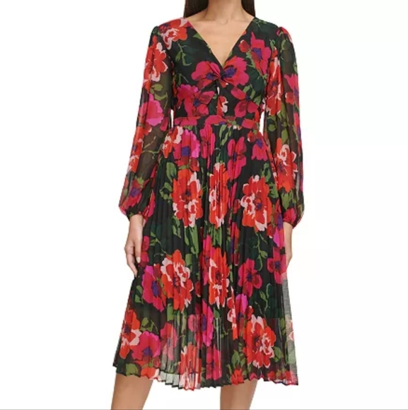 Kensie Black Floral Chiffon V-neck Pleated Long Sleeve Midi Spring Dress Size 4 - Picture 1 of 10